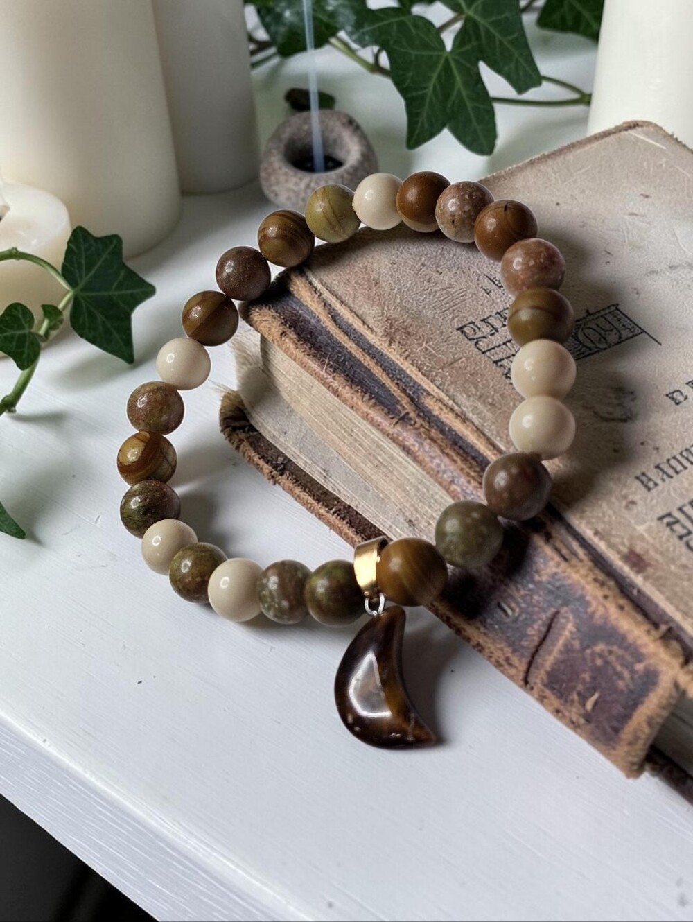 Handmade Beaded Tigers Eye Moon Pendant Bracelet - Indian Agate, Cream And Brown